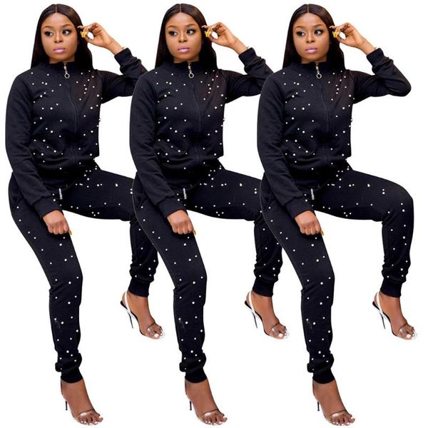 

women's two piece pants women sets cotton beading long sleeve zipper up jacket and legging pantstracksuits runing sporting outfits, White