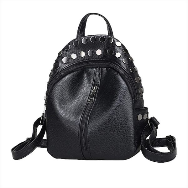 

small women leather backpack for girls feminine knapsack school bags teenagers rucksack mini backpacks rivet black
