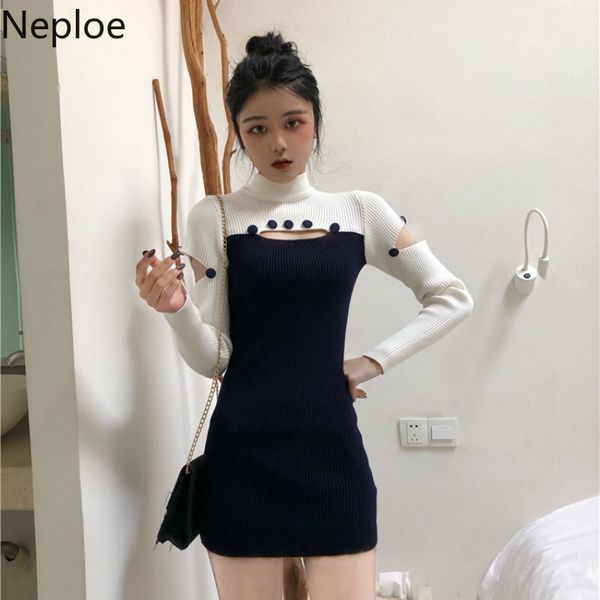 

neploe dresses for women lady hollow out knitted vestidos turtleneck long sleeve robe bodycon slim mini dress 4g383 210422, Black;gray