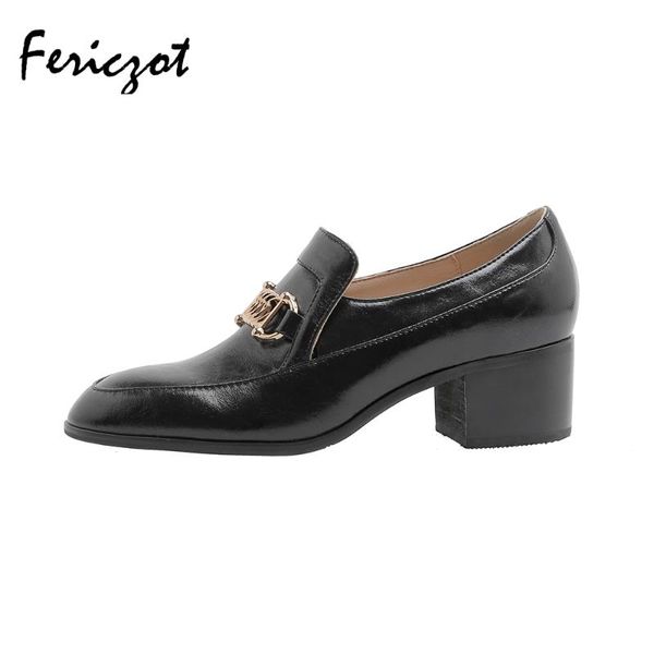 

dress shoes fericzot genuine leather round toe square heel women casual metal slip on pumps fashion office shoe, Black