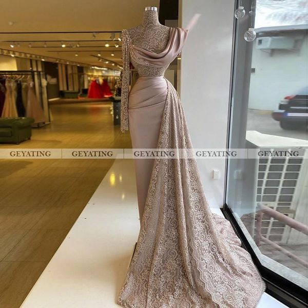 

elegant long sleeve lace mermaid evening dress with cape train arabic high neck dubai women formal dresses vestideos de festa party, White;black