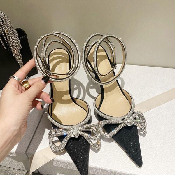 

dress shoes 2021 style rhinestone stiletto sandals female crystal word with fairy bow knot diamond banquet high heels, Black