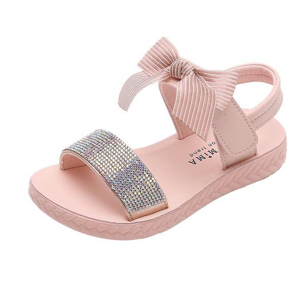 

fashion princess rhinestone breathable summer leather bowtie sandals big childrens girls kids soft bottom beach shoes, Black;red