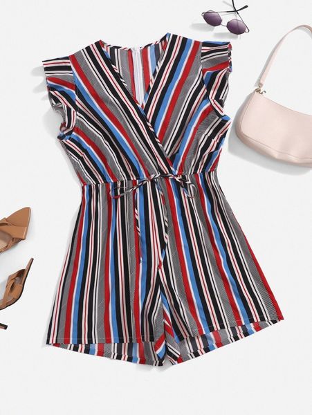

plus colorful striped overlap collar ruffle sleeve tie front romper 58bm#, Black