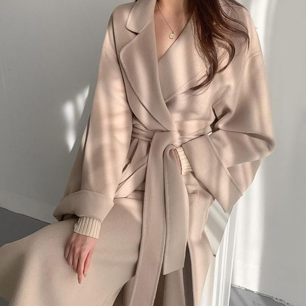 

women's wool & blends [ewq]2021 winter over knee style turn-down collar long-sleeved solid color straight minimalist woolen overcoat wi, Black