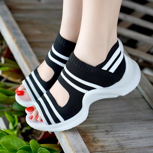 

women sandals 2021 summer shoes woman knitting breathable wedges platform lady comfortable, Black