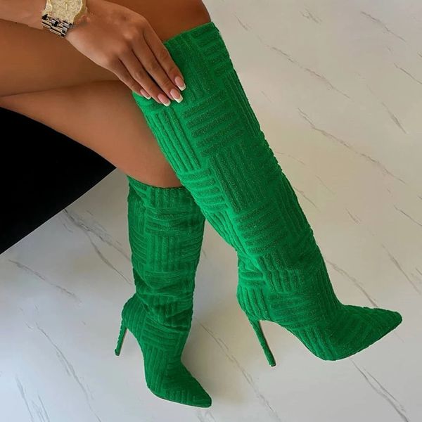 

women knitted woolen knee high boots pointed toe stiletto highs heels shoes woman solid color green boots chaussure femme, Black