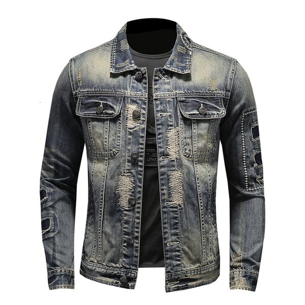 

downs lapel collar broken patch men's motorcycle denim casual jacket, Black
