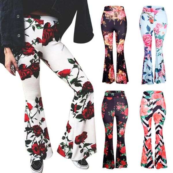 

women's pants & capris fashion women flower print high waist flare bell-bottoms wide leg trousers, Black;white