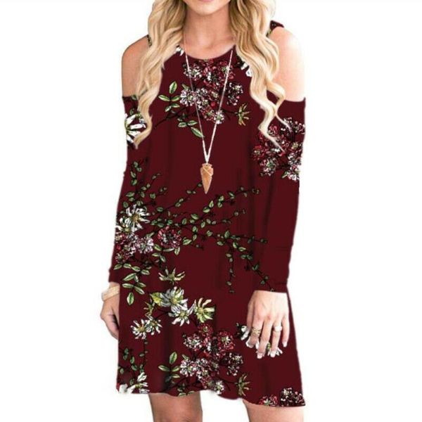 

fashion apparel summer autumn women floral print cold shoulder o-neck long sleeve mini dress casual dresses, Black;gray