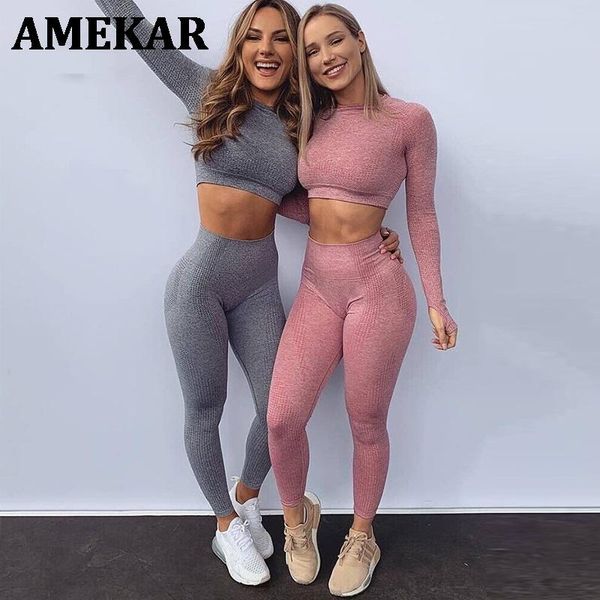 

women's two piece pants women 2pcs seamless yoga set sport suit gymwear workout clothes long sleeve gym crop high waist leggings fitnes, White