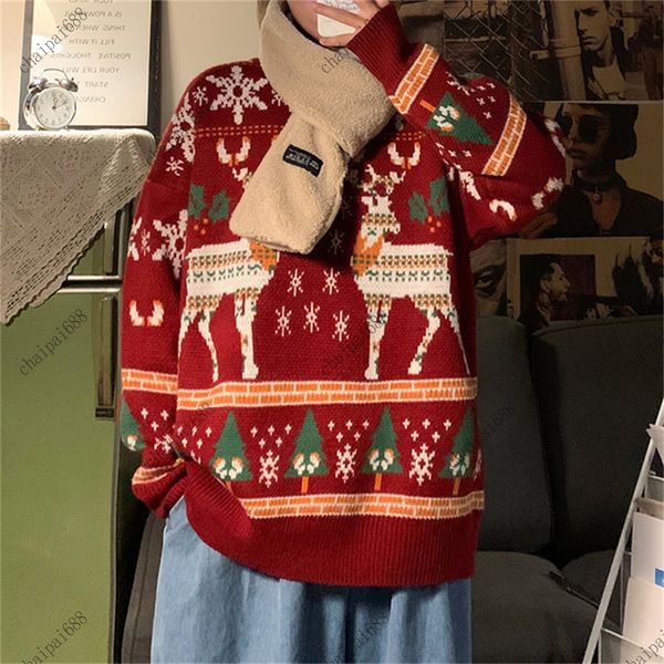 

2021 new ins christmas round neck sweater mens loose tide couple sweater autumn casual bf lazy wind sweater jacket m3xl, White;black