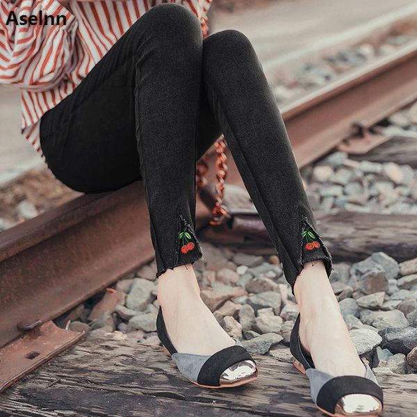 

women's pants & capris aselnn 2021 autumn women cherry embroidery pencil casual skinny elastic waist floral trousers plus size pantalon, Black;white