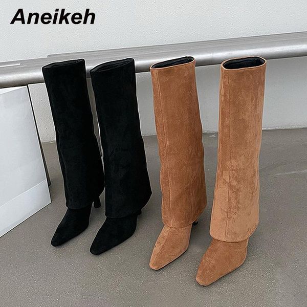 

boots aneikeh fashion flock platform heighthin heels pants women's 2021 basic solid pointed toe knee-high ladies shoes, Black