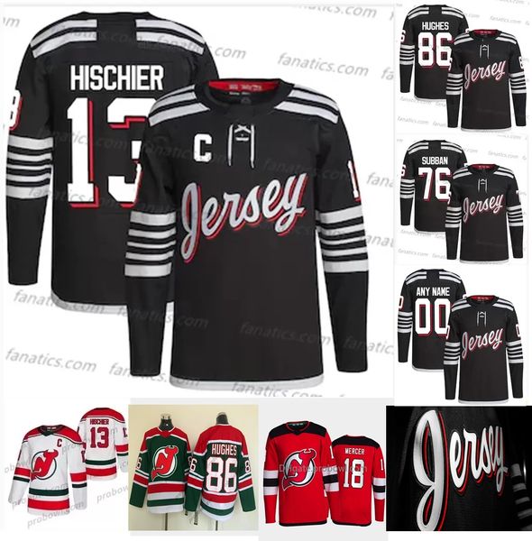 

new jersey devils 2021-22 black jersey dawson mercer nico hischier dougie hamilton jack hughes hughes mackenzie blackwood miles wood ryan gr, Black;red
