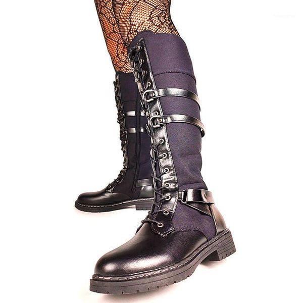 

boots 2021 brand retro shoelaces buckles belt gothic style black cool women shoes patchwork riding knee high big size 431