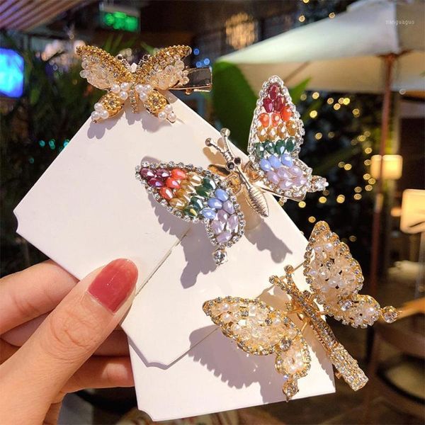 

female girls jewelry hair clips glitter rhinestone metal butterfly side bangs hairpins crystal beaded duckbill barrettes1
