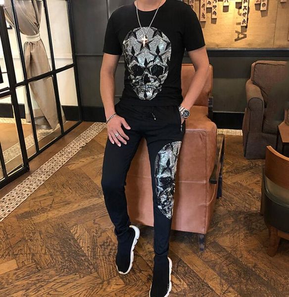 

o neck clothes men's tracksuit short-sleeved tee and short pants new skull design, Gray