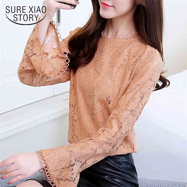 

fashion lace woman blouses shirts long sleeve women solid simply o neck sweet floral feminine blusas 0702 30 210506, White