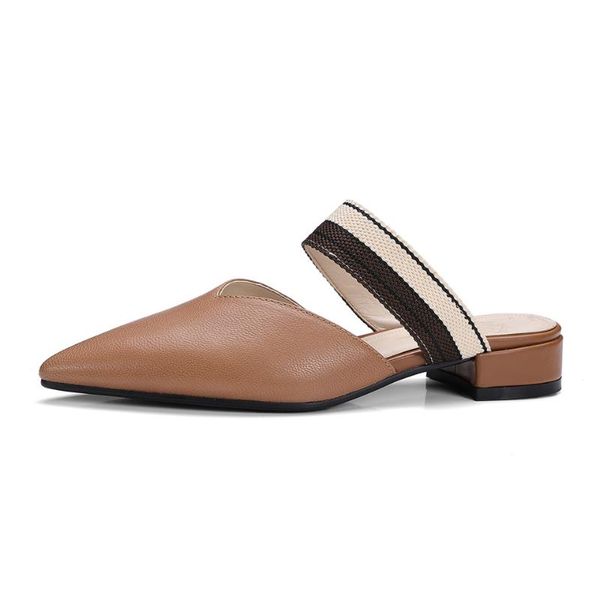 

slippers real leather female muller pointed toe low heel thick matching sandals webbing flat shoes casual women, Black