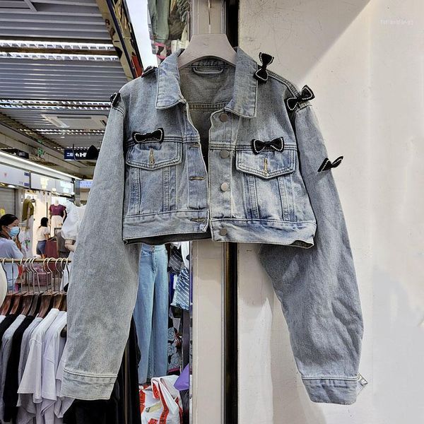 

women's jackets seebeautiful bow-knot patchwork loose denim coat jacket lapel long sleeve button pockets women autumn 2021 fashion g175, Black;brown
