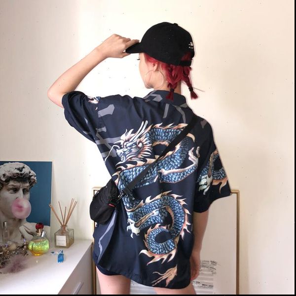 

womens shirt spring summer harajuku women blouses bf oversize fashion streetwear brand design dragon print short sleeve shirts, White