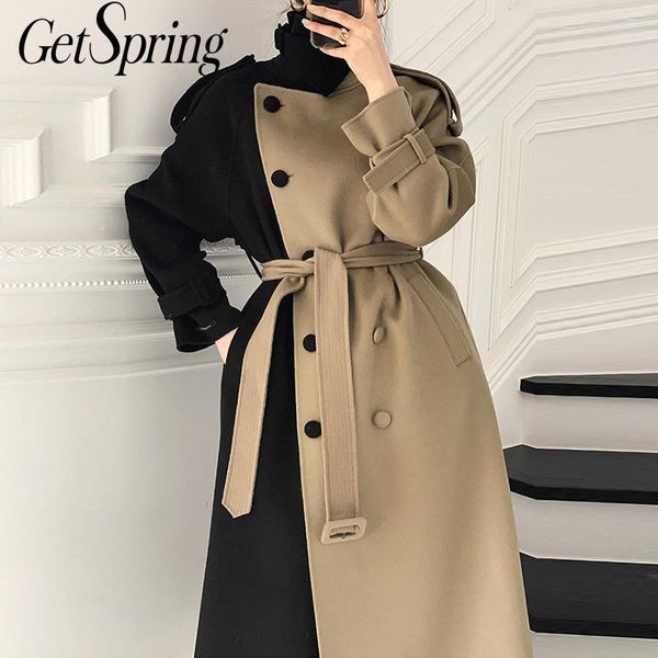 

women's wool & blends getspring women coat bandage patchwork double breasted woolen asymmetry vintage long womens coats winter 2021, Black