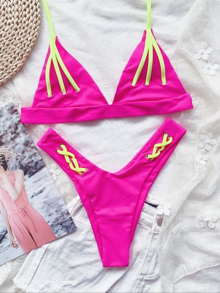 

patchwork bikini set bandage push up padded thong biquini women bathing suit halter style beach swimming wearby air