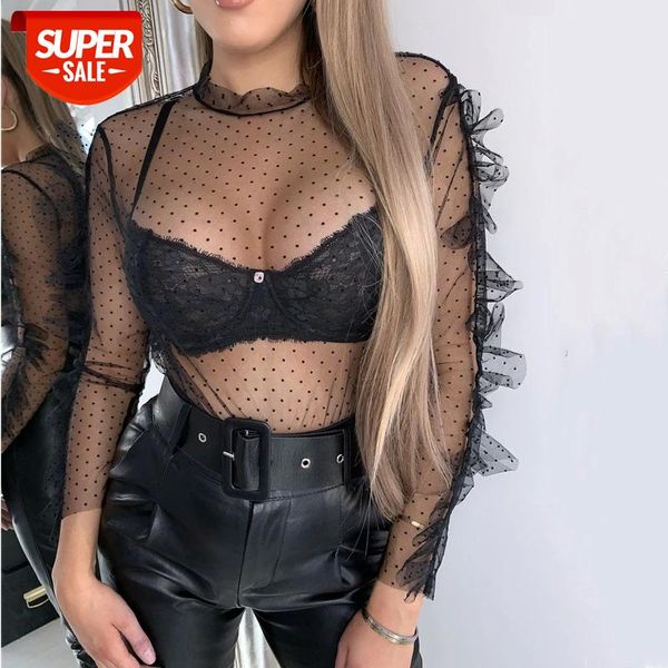 

mesh for women polka dot net see through t shirt transparent undershirt star base camisas femininas clubwear #hy4v, White