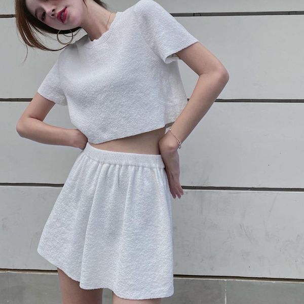 

women's tracksuits shorts suits loose round neck short knitted + high waist a-line thin wide leg vetement femme 2021 two piece set wome, Gray