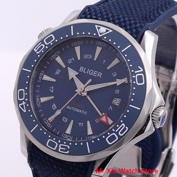 

bliger 41 mm mechanical watches men luxury sapphire crystal rubber strap automatic gmt watches lightning turn waterproof, Slivery;brown