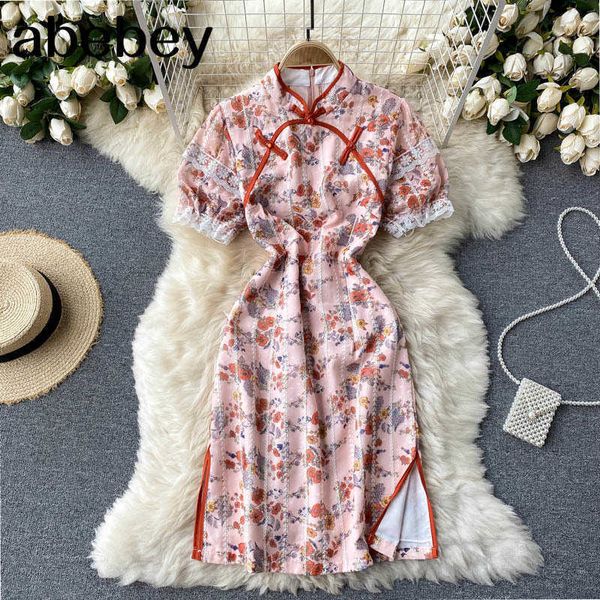 

women design print dress korean fashion puff sleeve slim party dress summer chic streetwear split short dress 210715, Black;gray