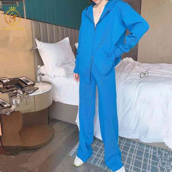 

women's jumpsuits & rompers 2021 spring double-headed zipper knit tracksuit hooded loose +high waist two-piece wide-leg pants, Black;white