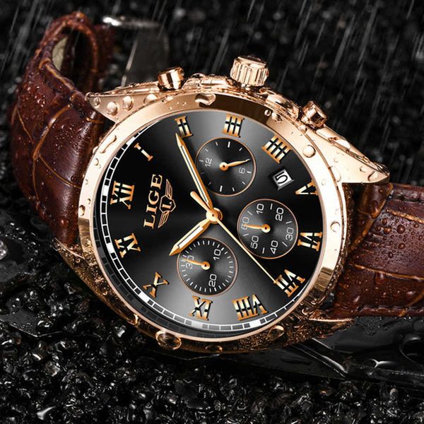 

men watches luxury brand lige multi function mens sport quartz watch man waterproof leather business clock male wrist watch+box 210527, Slivery;brown