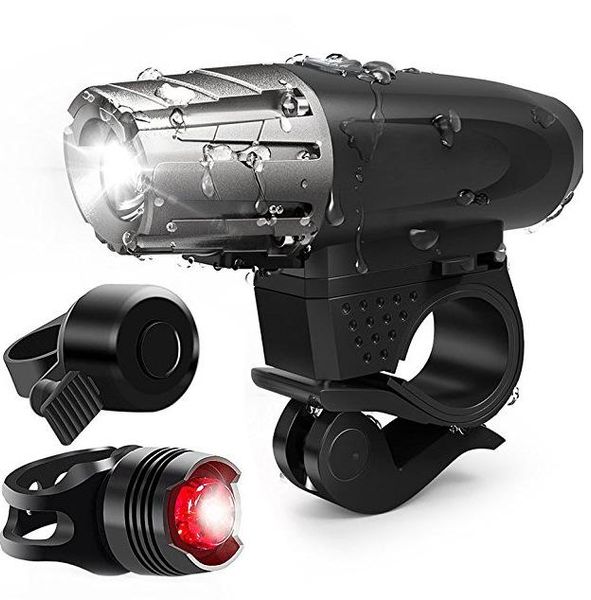 

bike lights usb rechargeable headlight + tail light bell and set