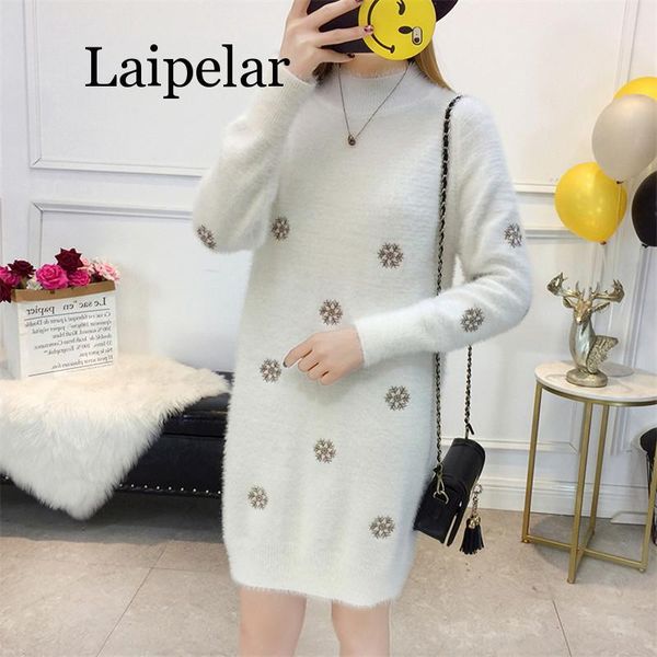 

casual dresses women knit sweater pullover fashion imitation mink cashmere mini white dress half turtleneck jumper loose large size, Black;gray