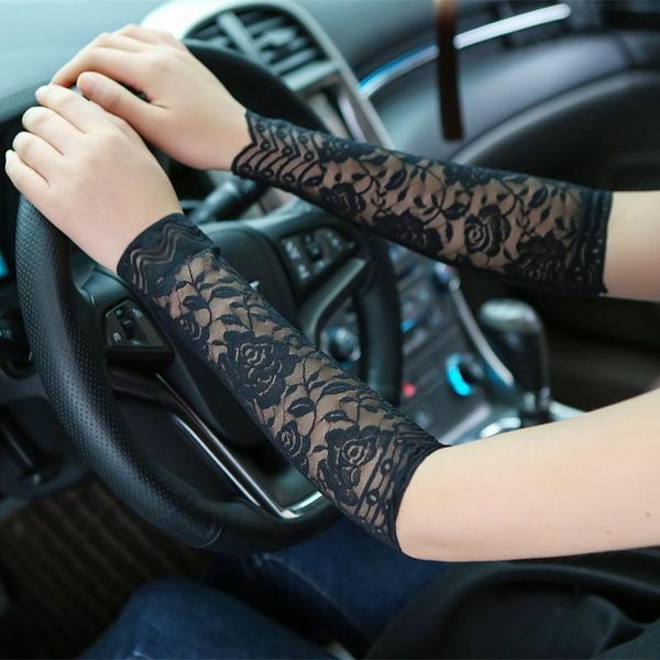 

fashion summer female sunscreen long lace elasticity sleeve wrist women driving flower pattern fingerless sun gloves i57 five fingers, Blue;gray