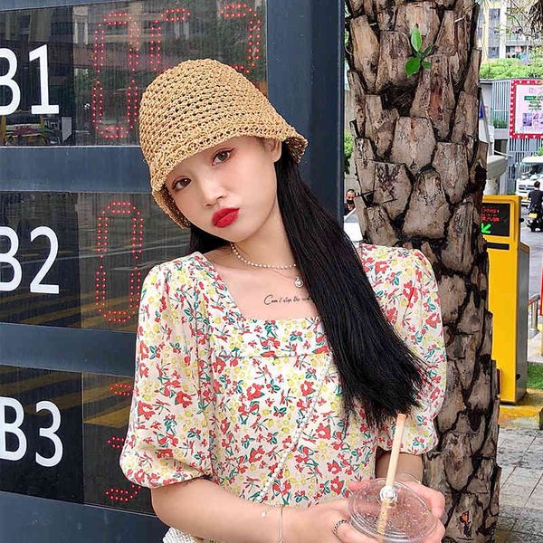 

straw female fisherman version tide summer versatile fashion sunscreen sunshade foldable breathable bucket straw hat, Blue;gray