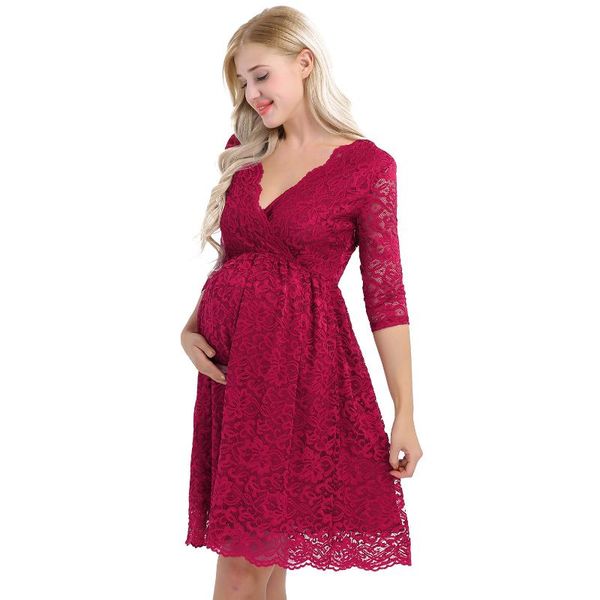

maternity dresses women elegant floral lace overlay v-neck three quarter sleeve pregnant pography dress pregnancy party evening, White