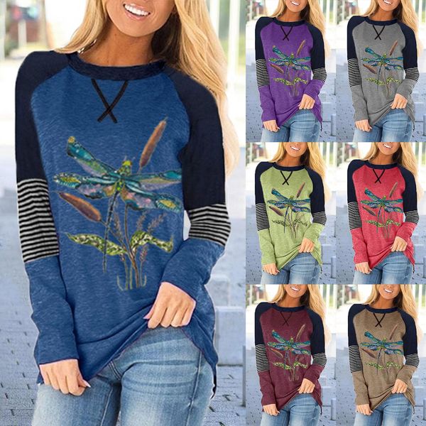 

ladies long-sleeved t-shirt round neck pullover dragonfly printing tees loose stitching autumn and winter clothing casual outerwear 006, White