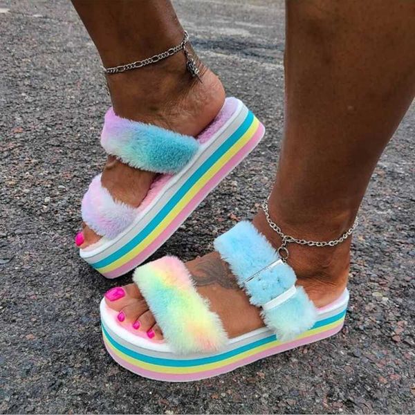 

fashion gradient rainbow color women fluffy fur slippers thick flat bottom slides shoes summer sandals light comfortable, Black