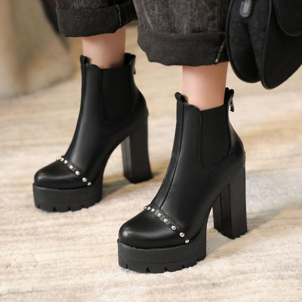 

boots women fashion platform sqaure high heel ankle autumn winter ladies shoes black nice