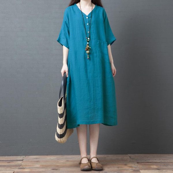 

casual dresses johnature v-neck natural summer dress loose solid regular short sleeve knee-length pockets comfortable cotton women, Black;gray
