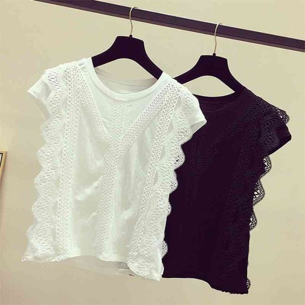 

fashion clothing plus size solid shirt women blouse summer womens and blouses lace patchwork blusas 210323, White