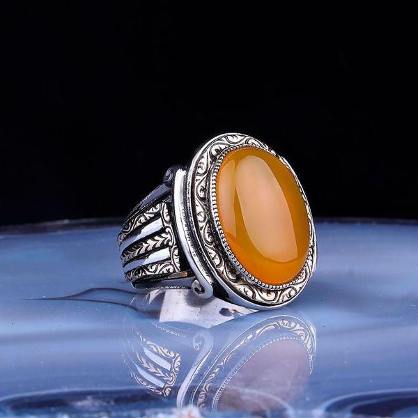 

cluster rings silver ring for man with stone 925 sterling real pure handmade zircon onyx amber turkish jewelry, Golden;silver