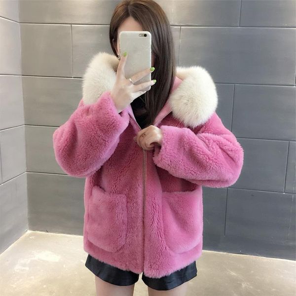 

women's fur & faux coat 100% real wool collar hooded jackets for women 2021 korean sweet female jacket winter coats ropa zjt773, Black