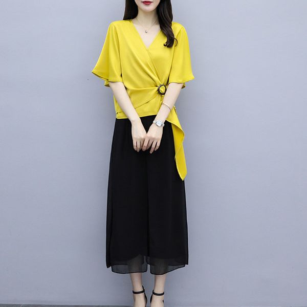 

big fashion suit temperament female chiffon hakama of two pieces summer v-neck short sleeve pants define k511 h1ri, White;black