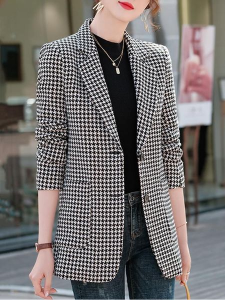 

women's suits & blazers blazer check long sleeve cotton jacket casual vintage coat plaid notched elegant women, White;black