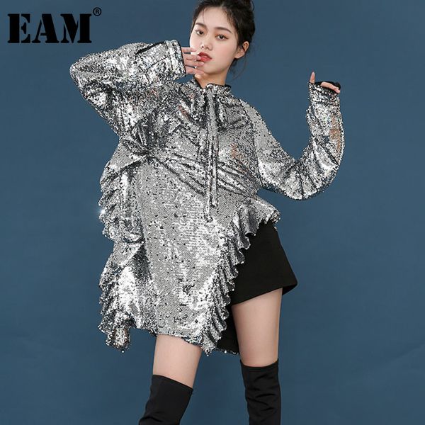 

[eam] women sequins ruffles irregular dress stand collar long sleeve loose fit fashion spring autumn jk82010m 210512, Black;gray