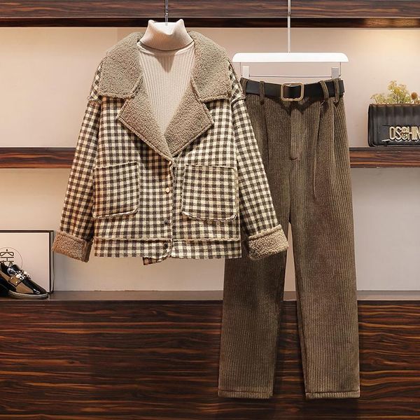 

women's two piece pants plus size women fleece collar winter 2021 year clothing korean loose thick two-piece fashionable casual suit, White